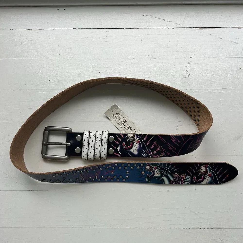 Ed Hardy Y2K Leather Belt Panther Spell Out Floral Studded Unisex Size M